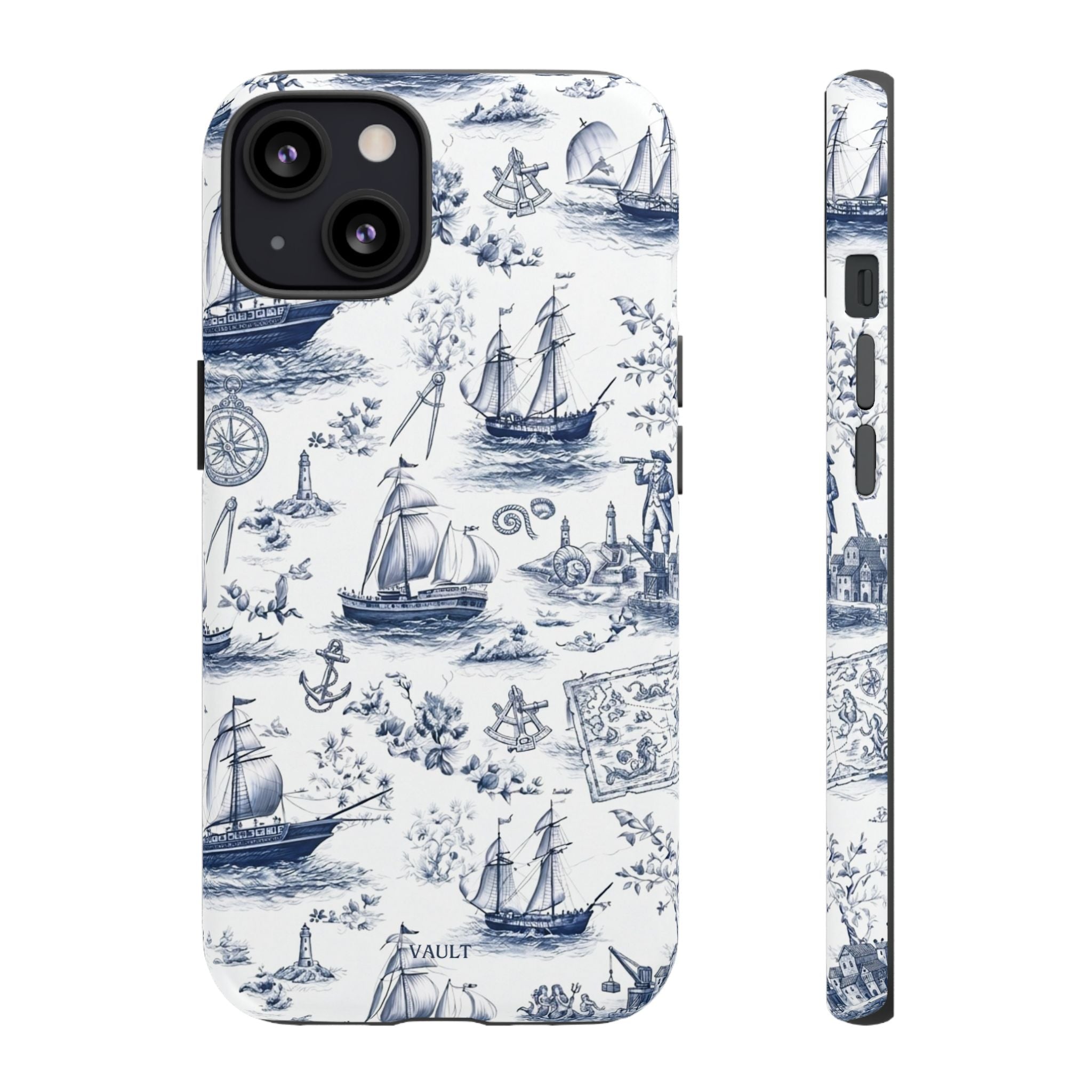 Nautical Vintage Ship Tough Phone Case — Blue Toile Sailboat Pattern