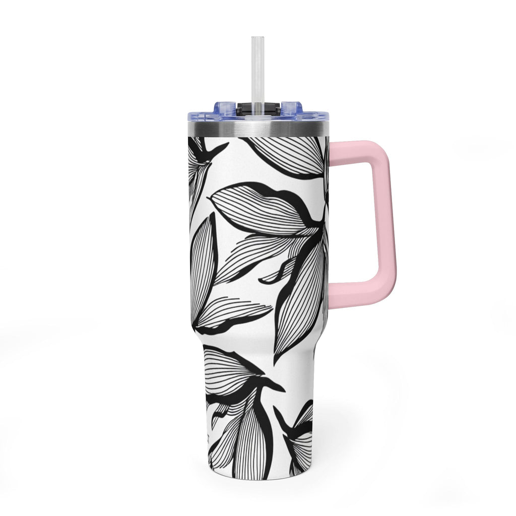 40oz Floral Thermal Tumbler – Black & White Leaf Pattern Vacuum Insulated