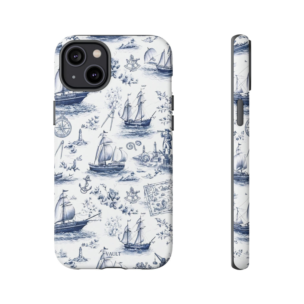 Nautical Vintage Ship Tough Phone Case — Blue Toile Sailboat Pattern