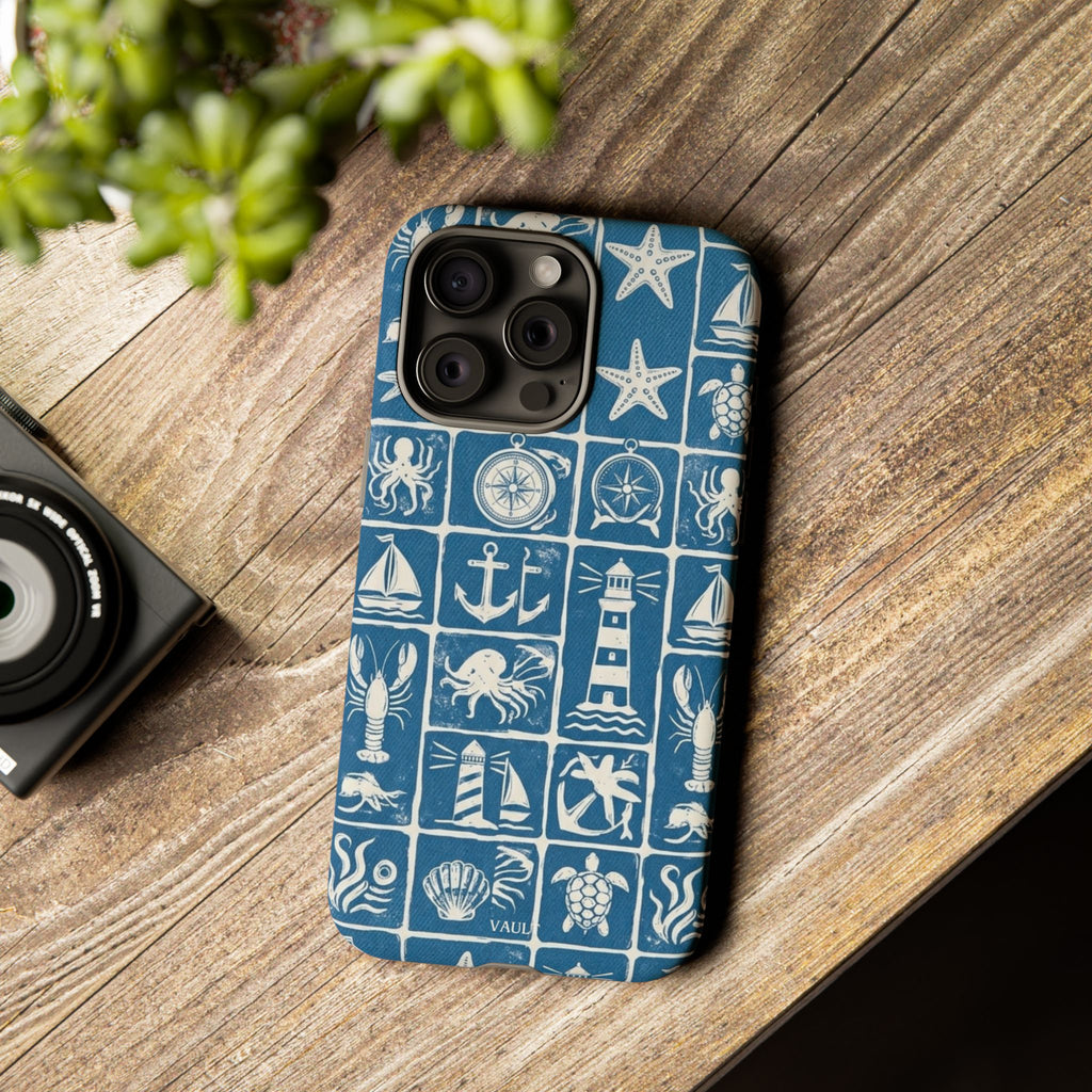 Nautical Tile Phone Case — Blue Coastal Icons (lighthouse, anchor, seashells)