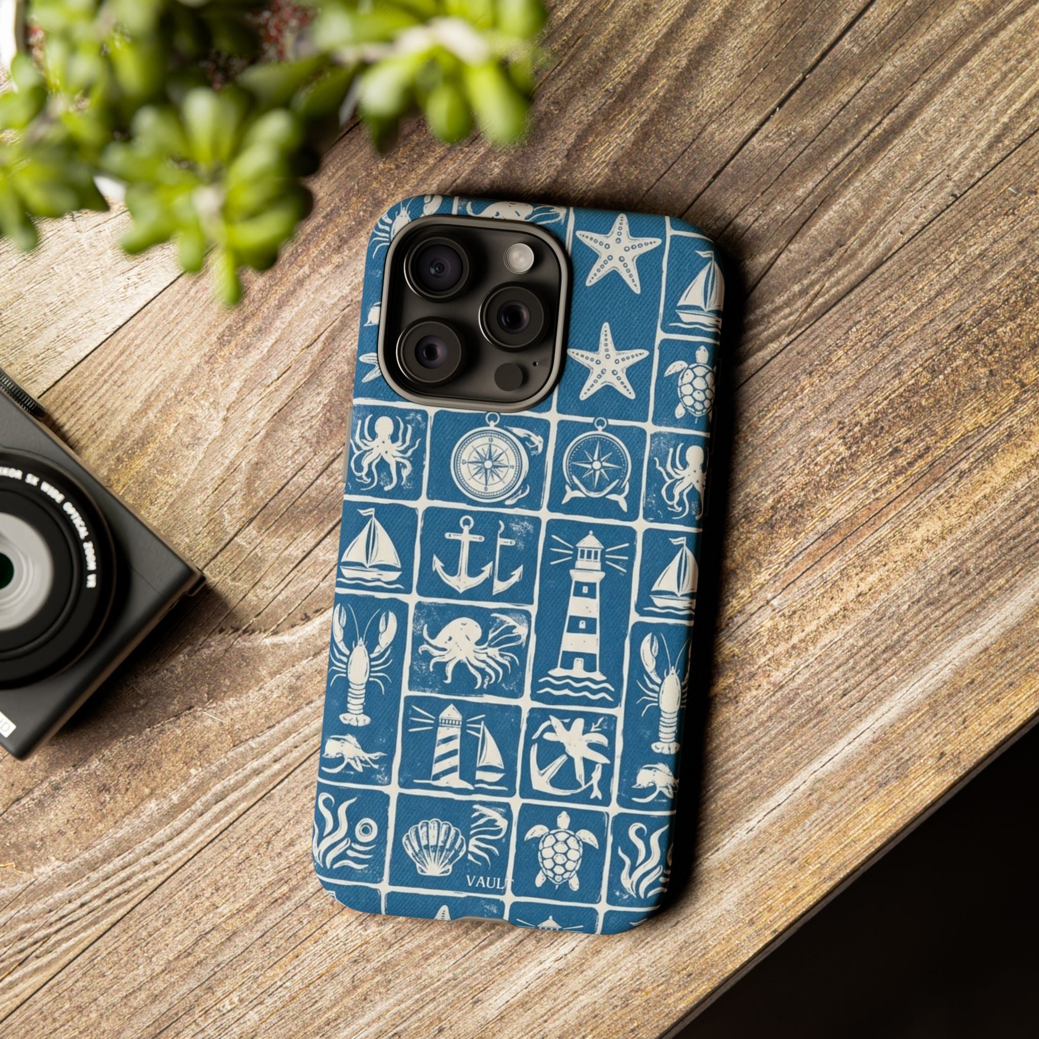 Nautical Tile Phone Case — Blue Coastal Icons (lighthouse, anchor, seashells)
