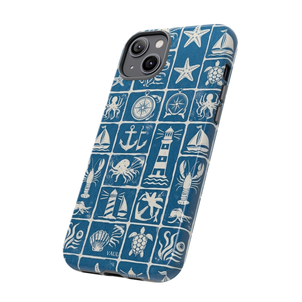 Nautical Tile Phone Case — Blue Coastal Icons (lighthouse, anchor, seashells)