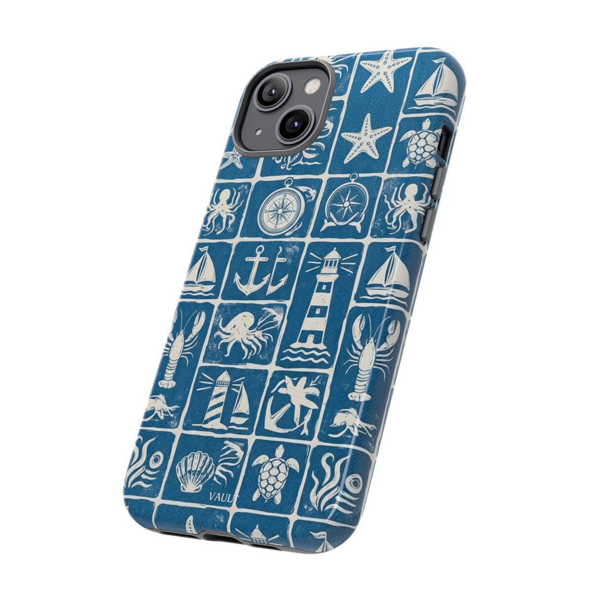 Nautical Tile Phone Case — Blue Coastal Icons (lighthouse, anchor, seashells)