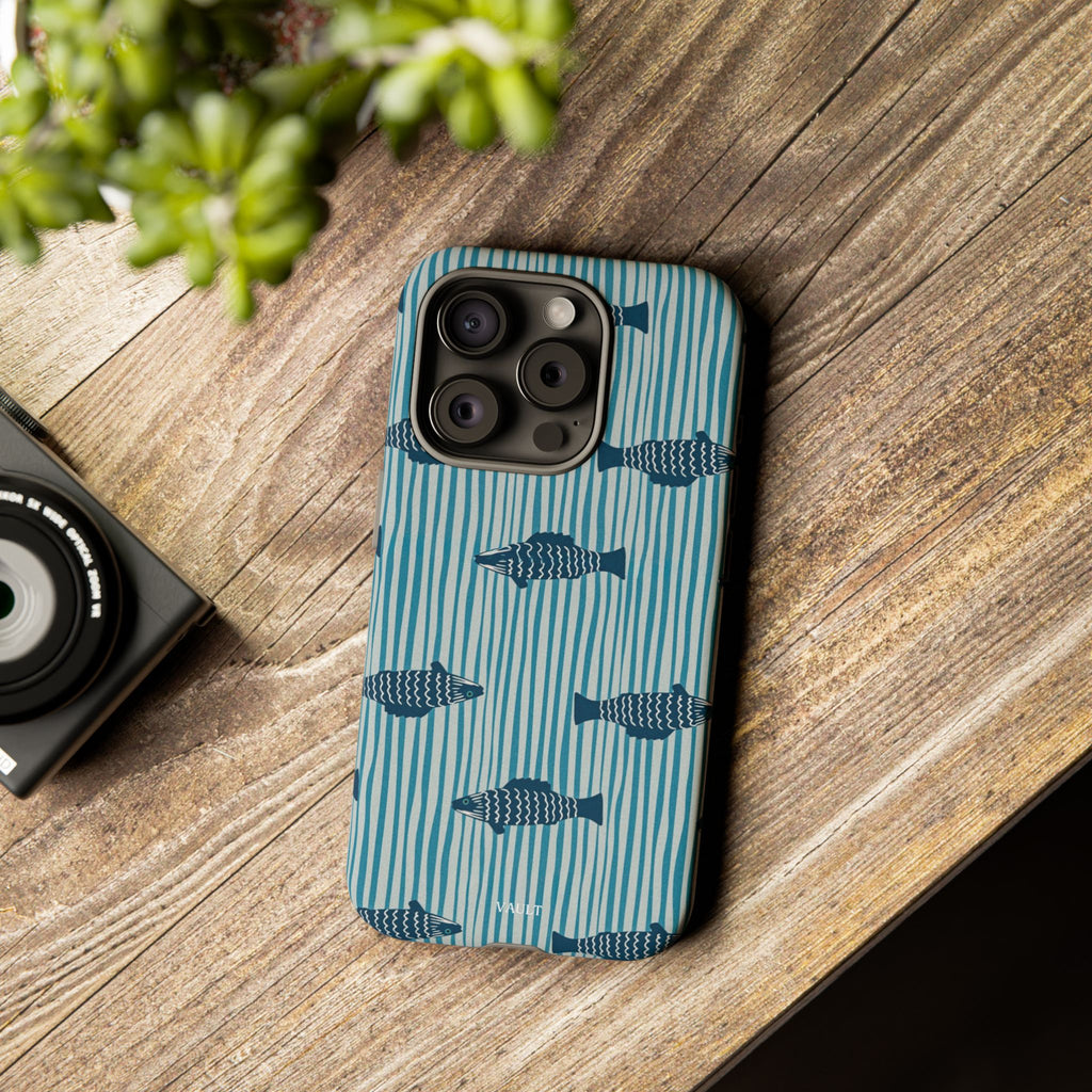 Fish Pattern Tough Phone Case — Blue Striped Ocean Design