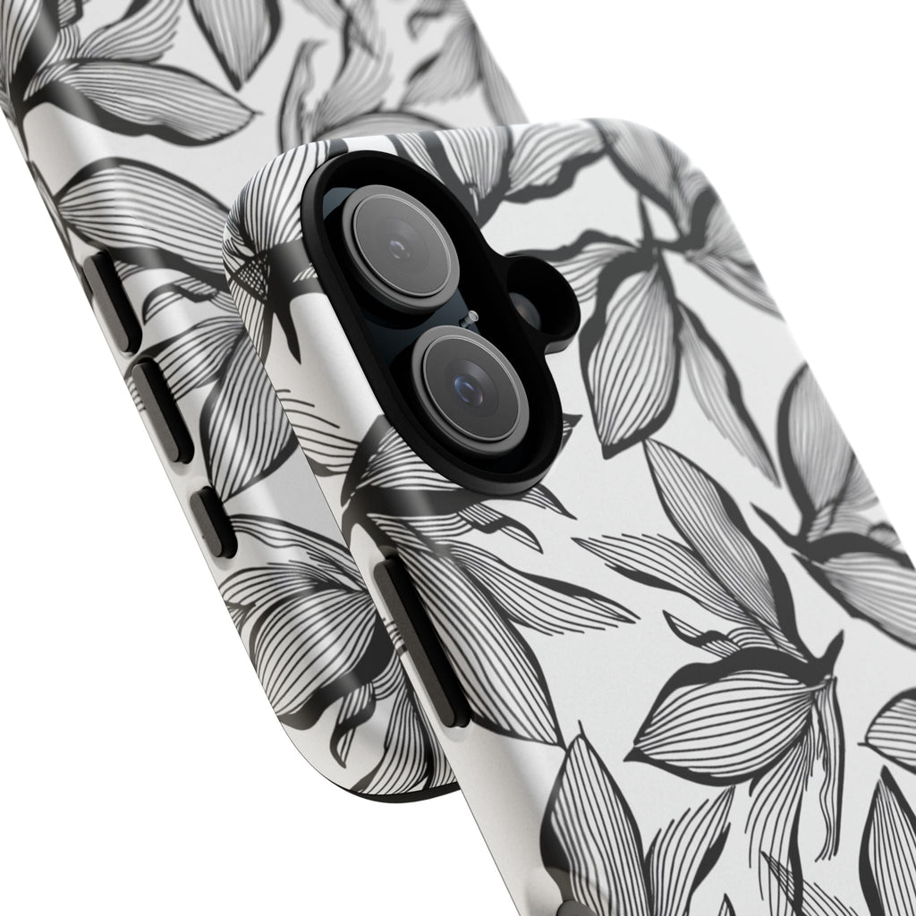 Floral Leaves Tough Phone Case – Black & White Botanical Protection