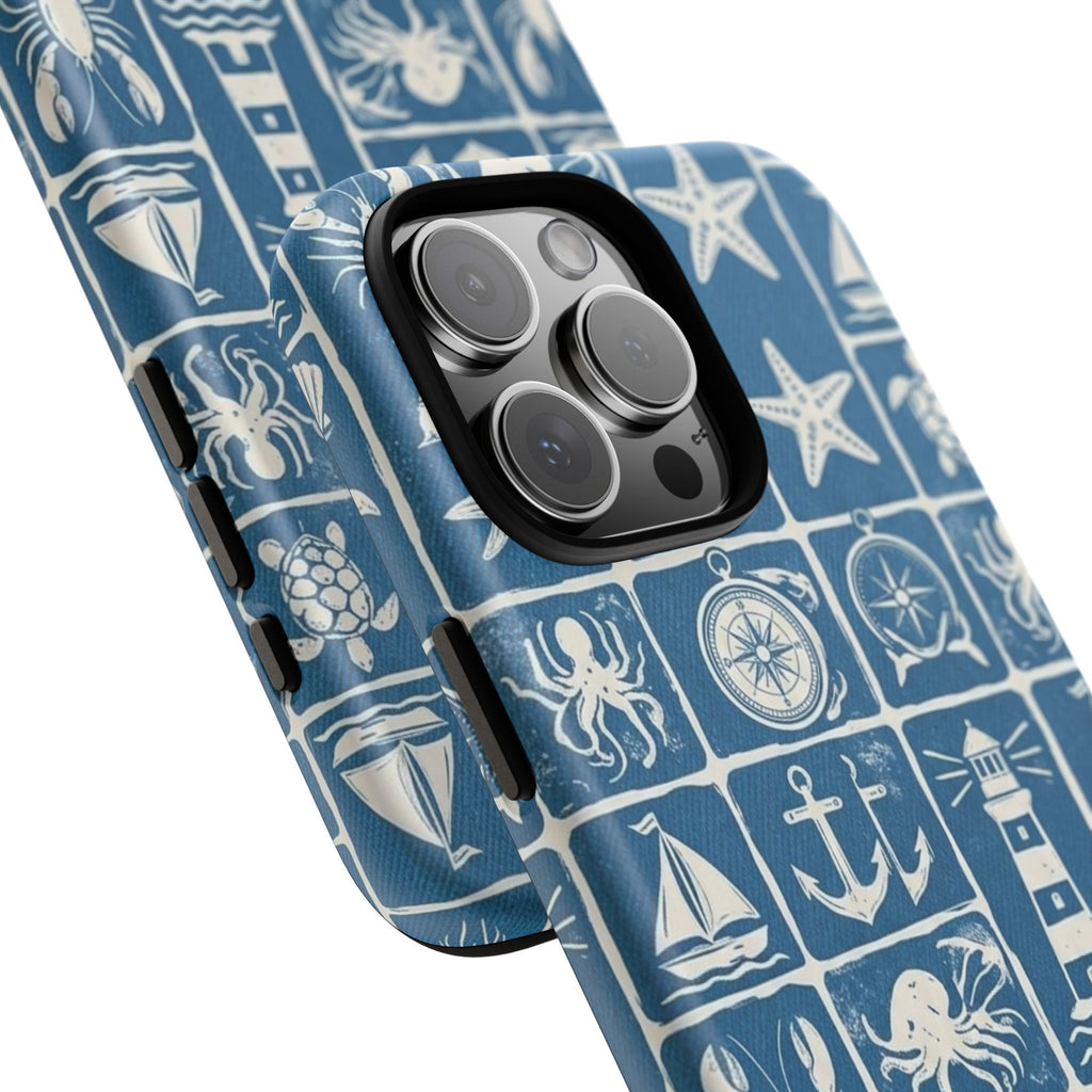 Nautical Tile Phone Case — Blue Coastal Icons (lighthouse, anchor, seashells)