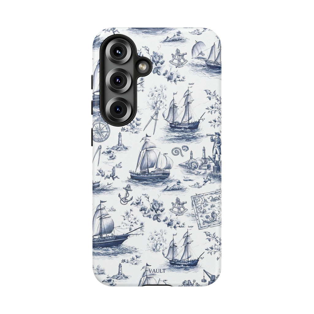 Nautical Vintage Ship Tough Phone Case — Blue Toile Sailboat Pattern