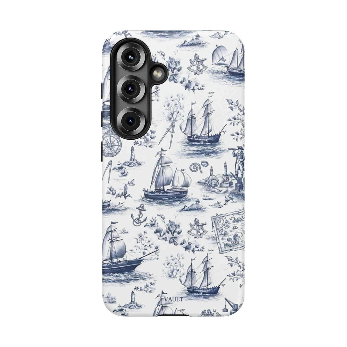 Nautical Vintage Ship Tough Phone Case — Blue Toile Sailboat Pattern