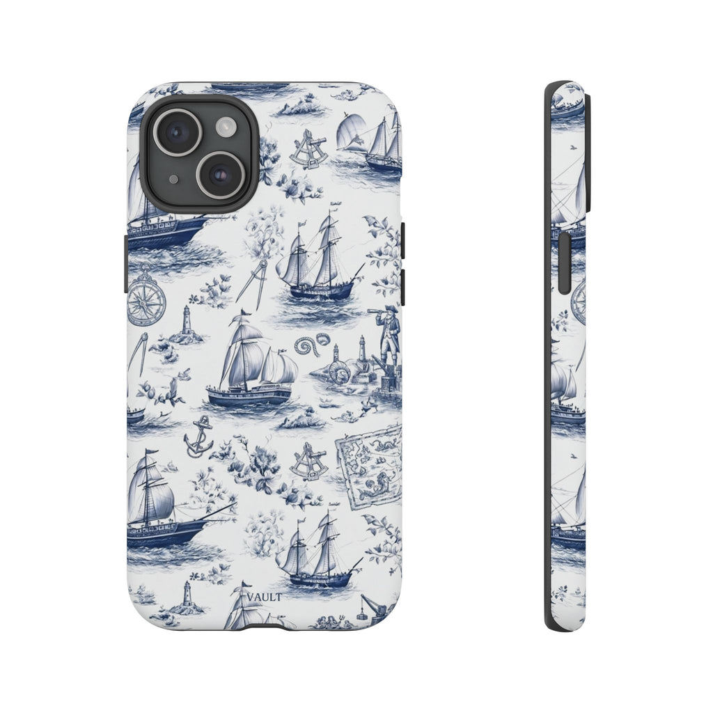 Nautical Vintage Ship Tough Phone Case — Blue Toile Sailboat Pattern