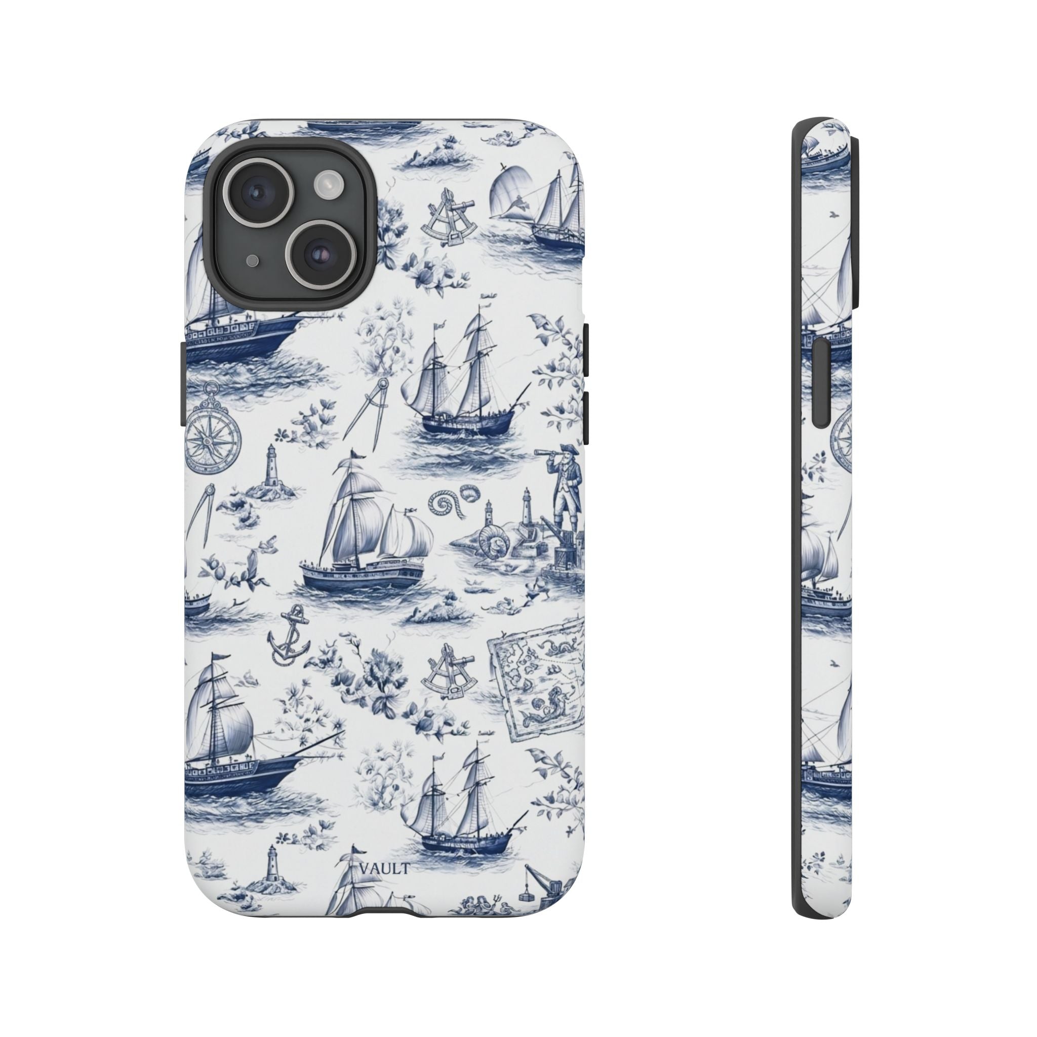 Nautical Vintage Ship Tough Phone Case — Blue Toile Sailboat Pattern