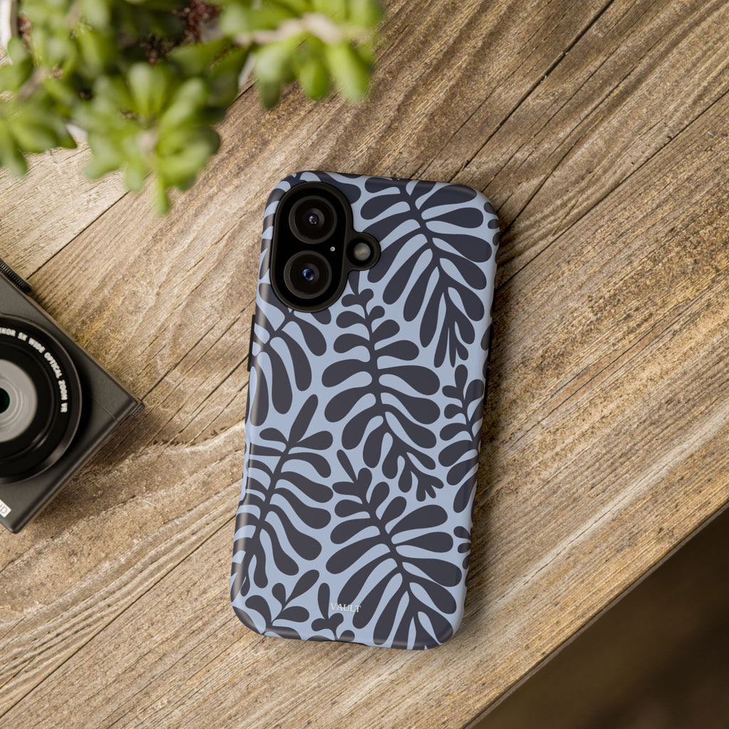 Floral Fern Tough Phone Case – Navy Blue on Light Blue, Protective Slim Cover