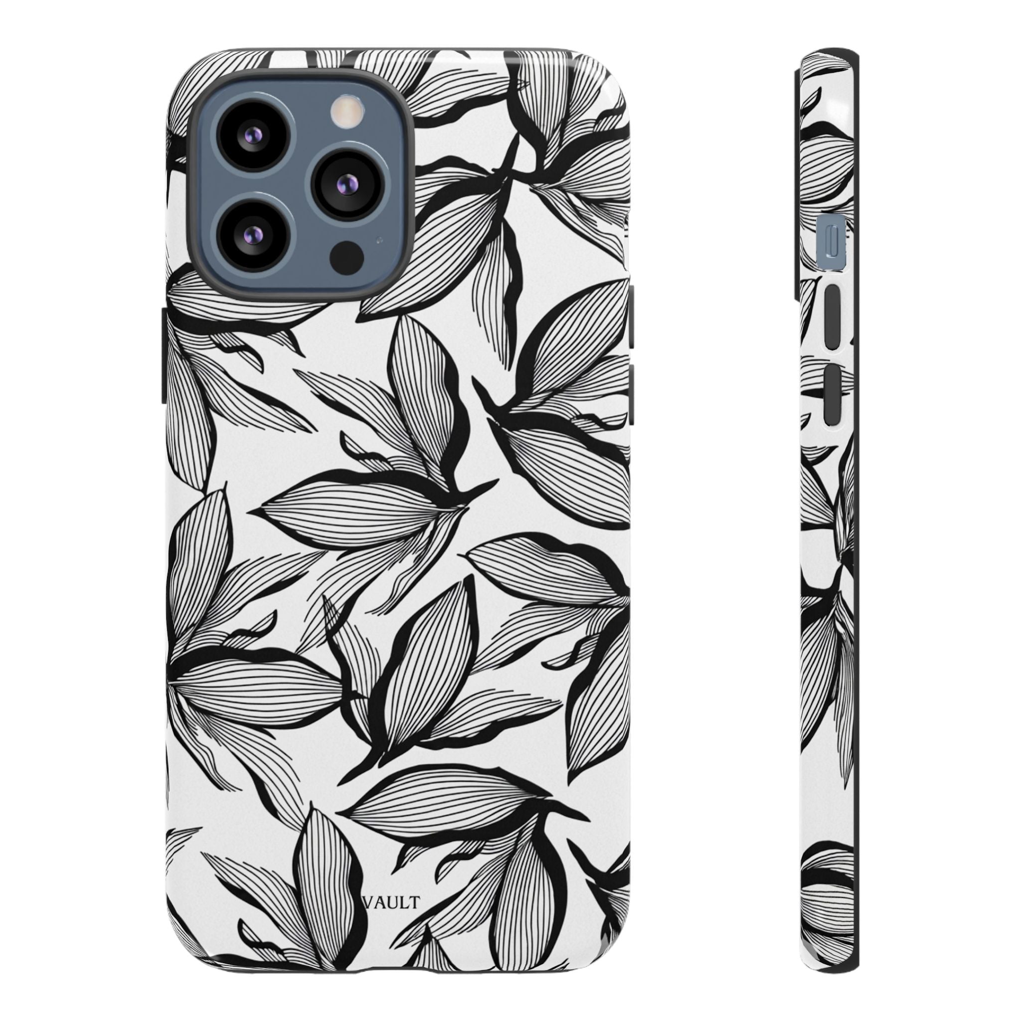 Floral Leaves Tough Phone Case – Black & White Botanical Protection