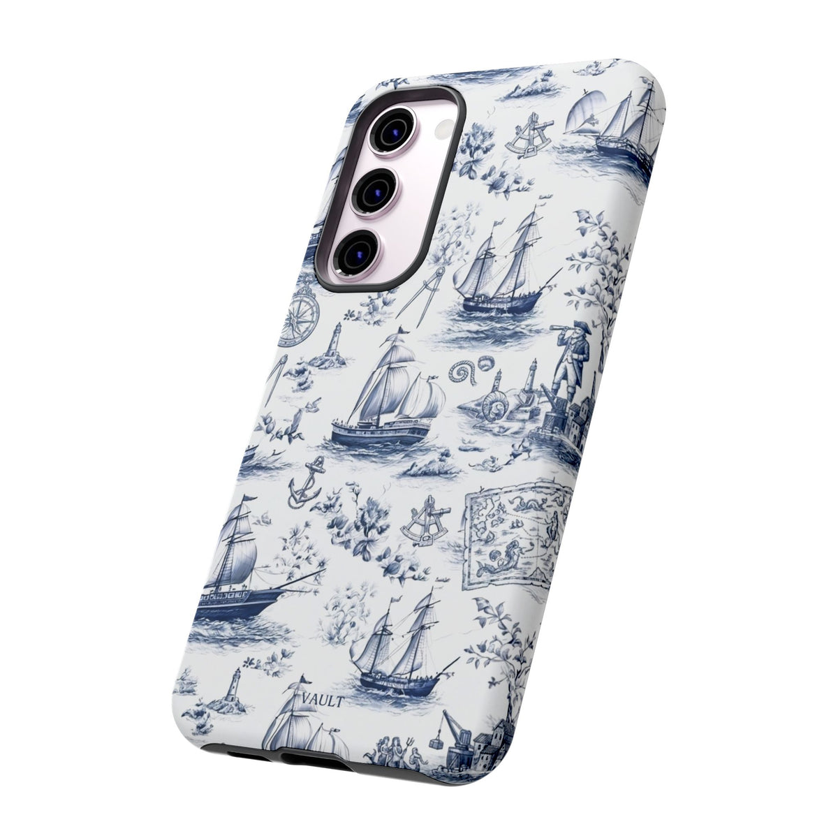 Nautical Vintage Ship Tough Phone Case — Blue Toile Sailboat Pattern