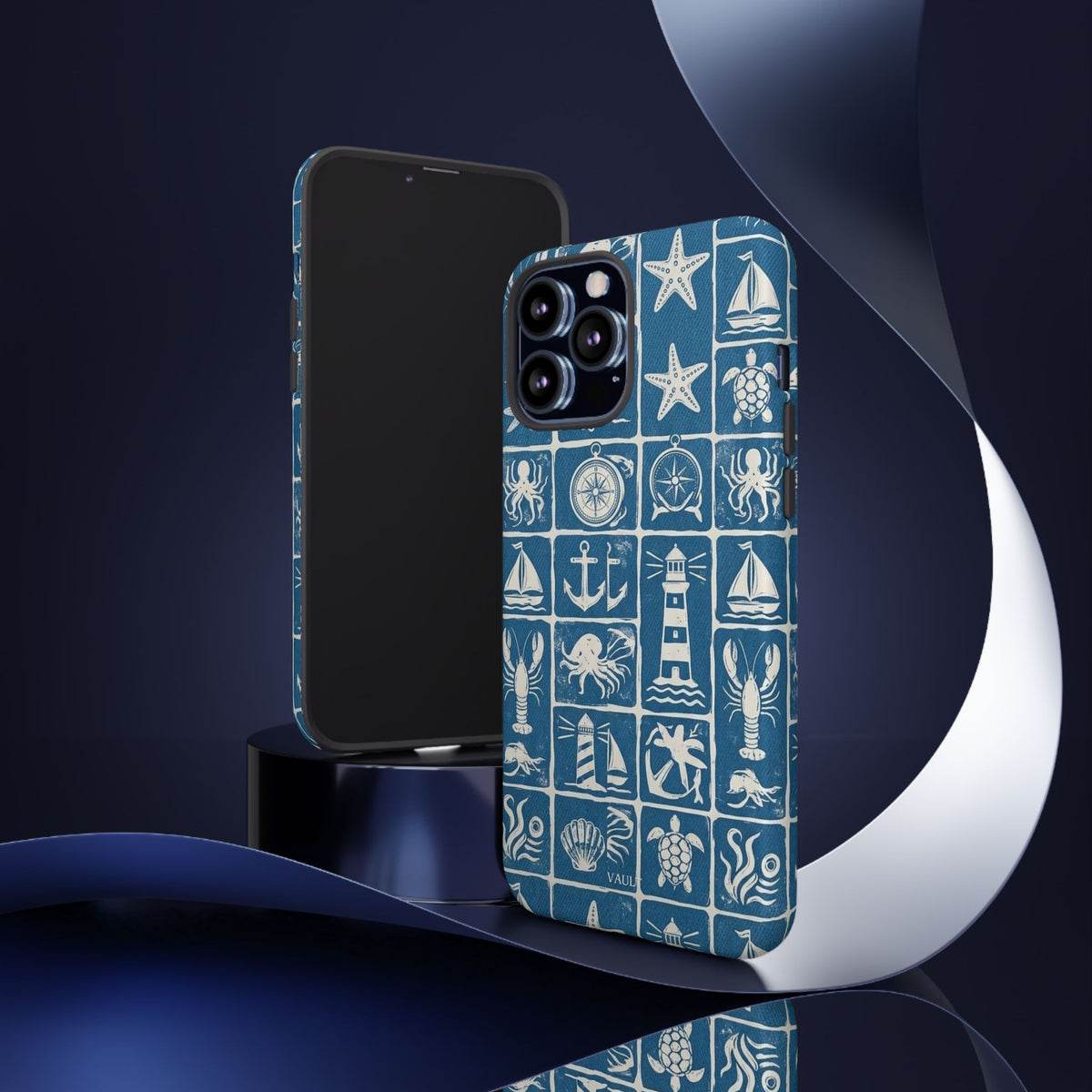 Nautical Tile Phone Case — Blue Coastal Icons (lighthouse, anchor, seashells)