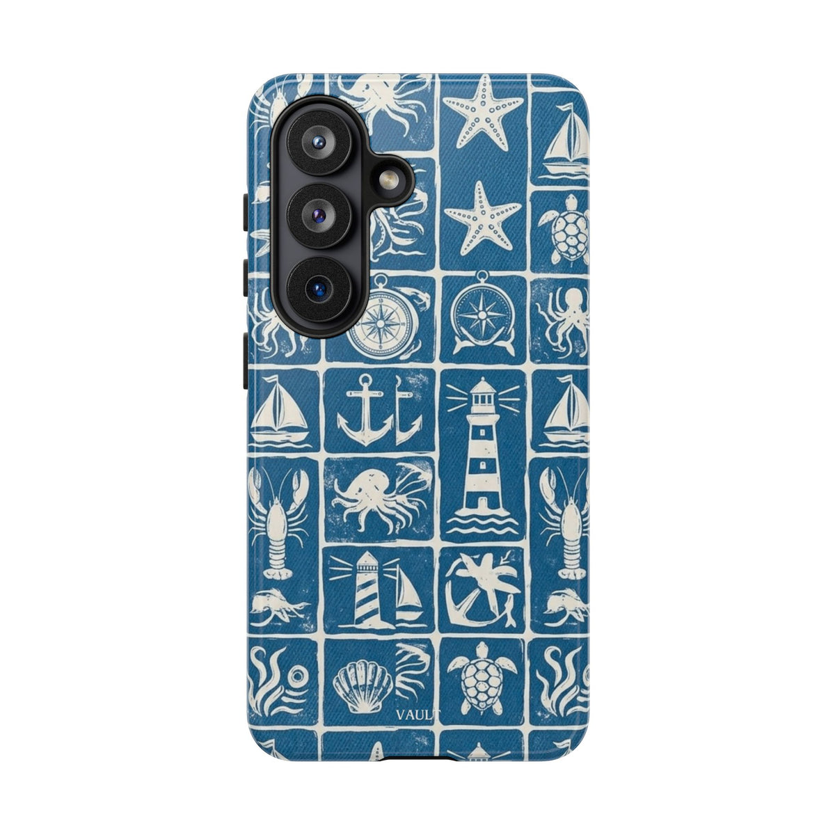 Nautical Tile Phone Case — Blue Coastal Icons (lighthouse, anchor, seashells)