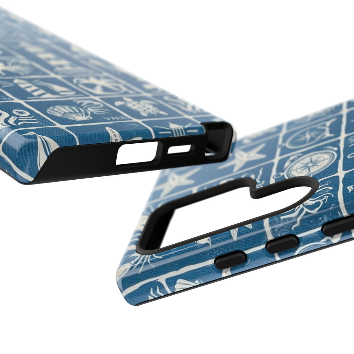 Nautical Tile Phone Case — Blue Coastal Icons (lighthouse, anchor, seashells)