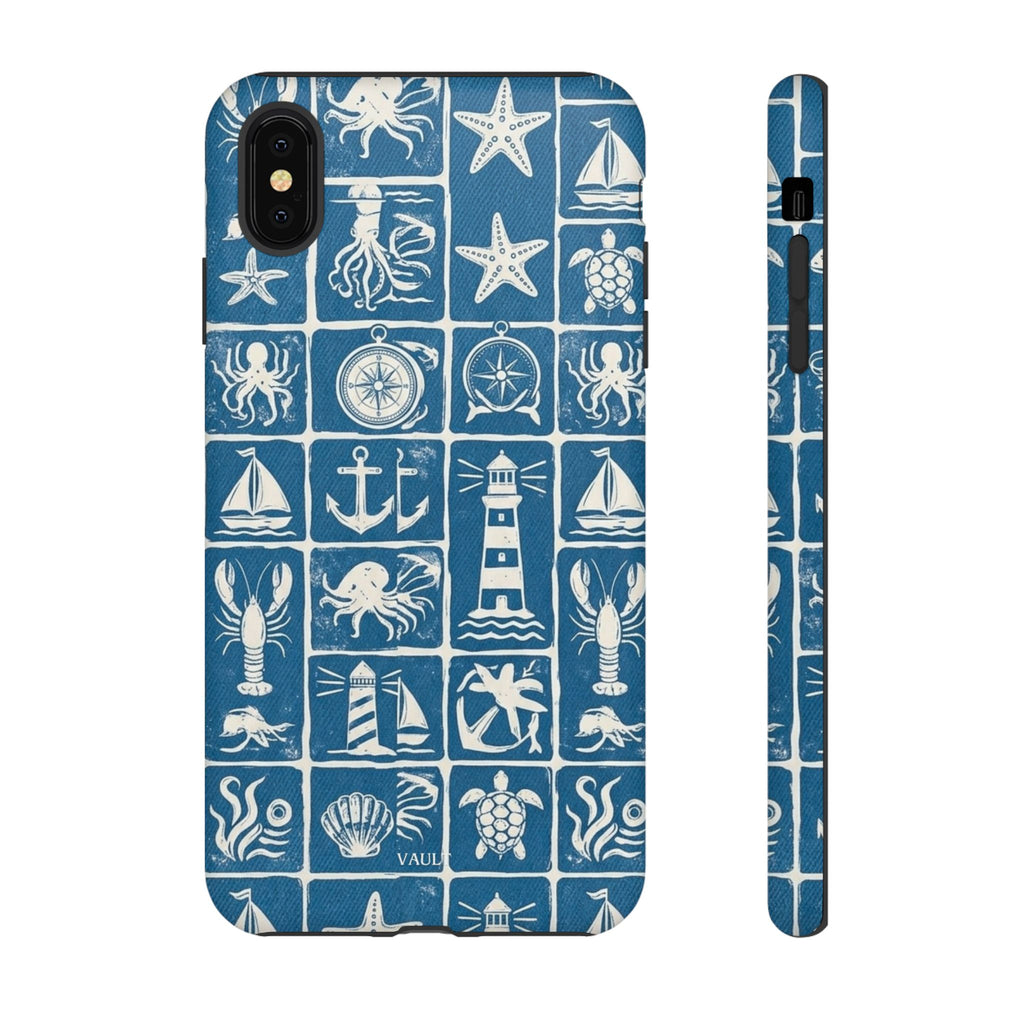 Nautical Tile Phone Case — Blue Coastal Icons (lighthouse, anchor, seashells)