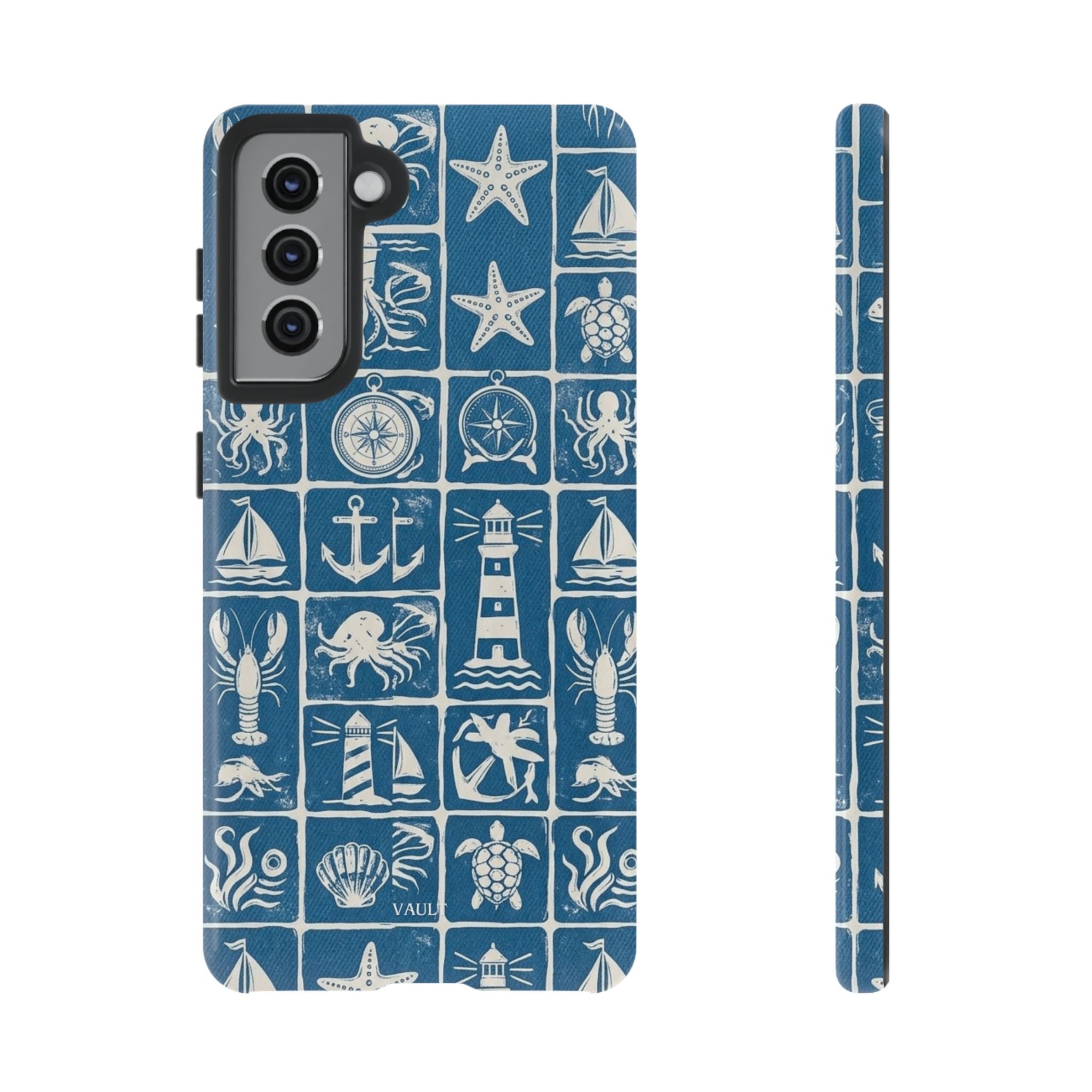 Nautical Tile Phone Case — Blue Coastal Icons (lighthouse, anchor, seashells)