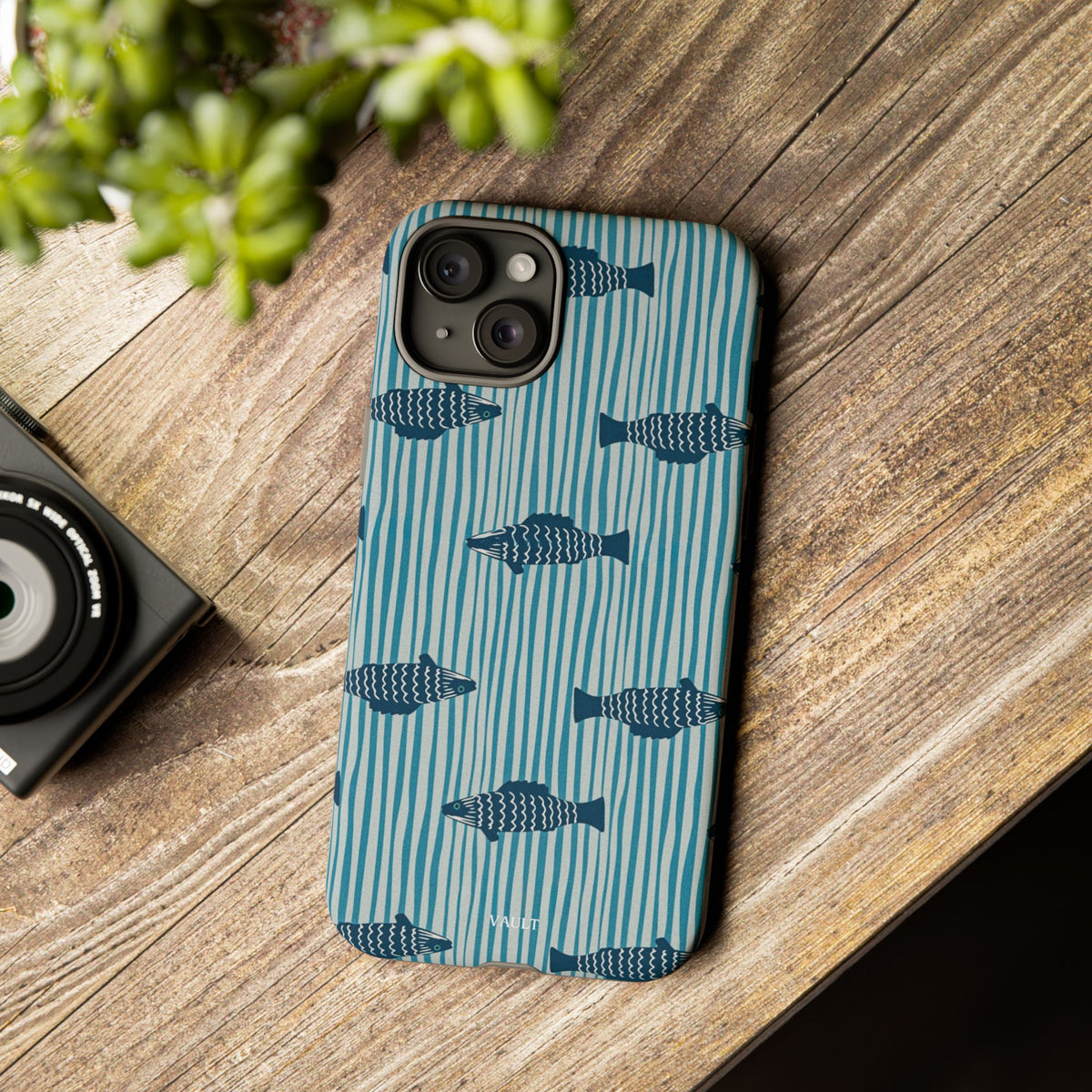Fish Pattern Tough Phone Case — Blue Striped Ocean Design