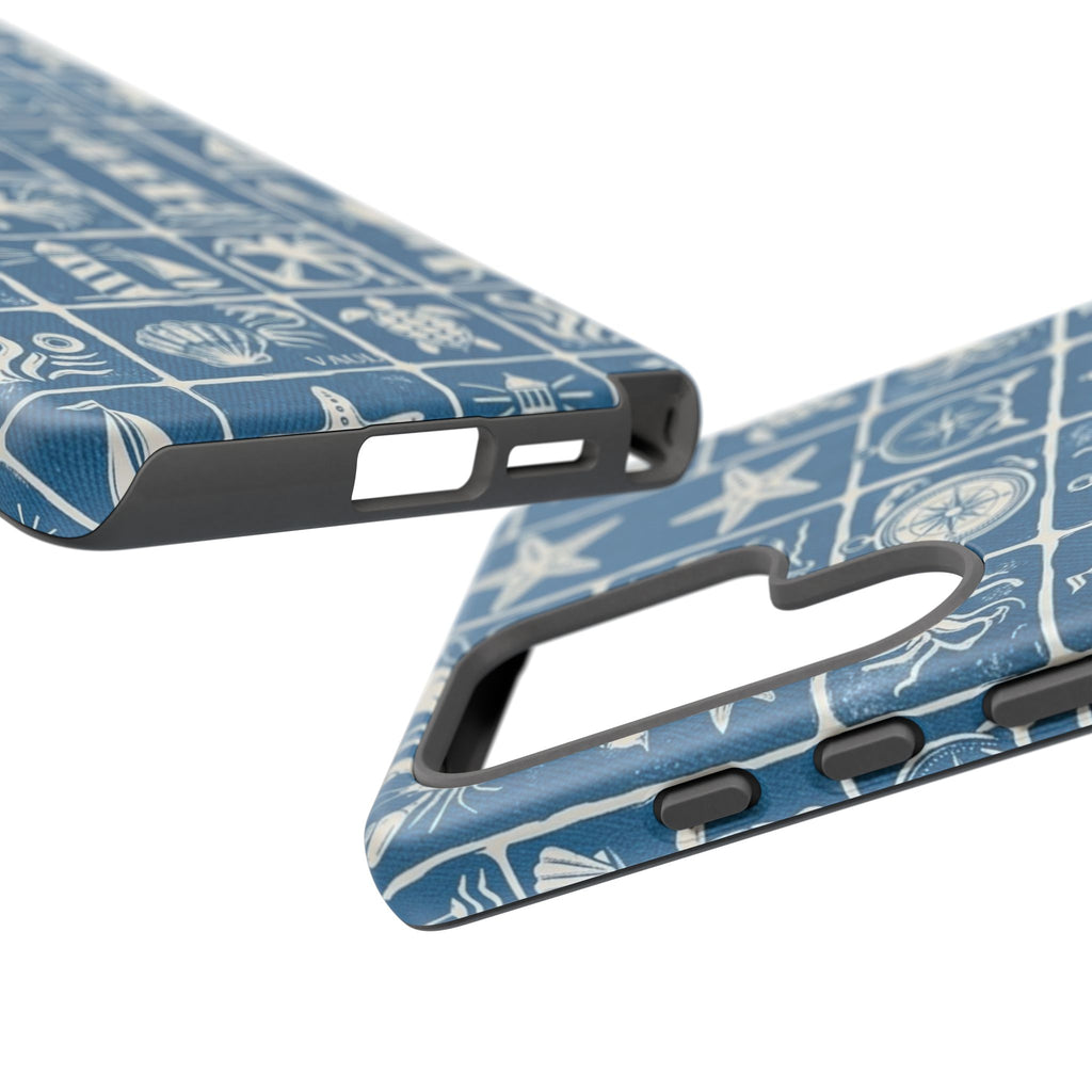 Nautical Tile Phone Case — Blue Coastal Icons (lighthouse, anchor, seashells)