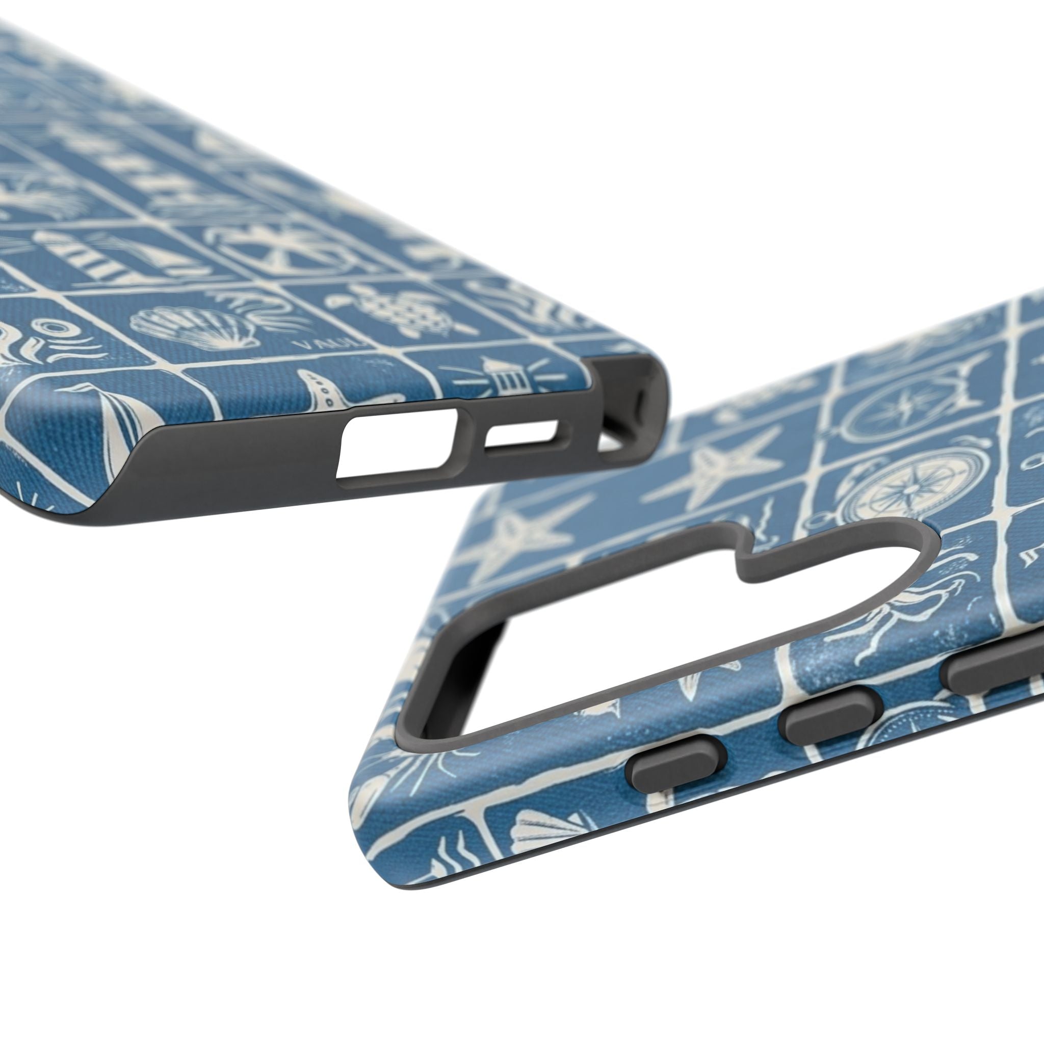 Nautical Tile Phone Case — Blue Coastal Icons (lighthouse, anchor, seashells)