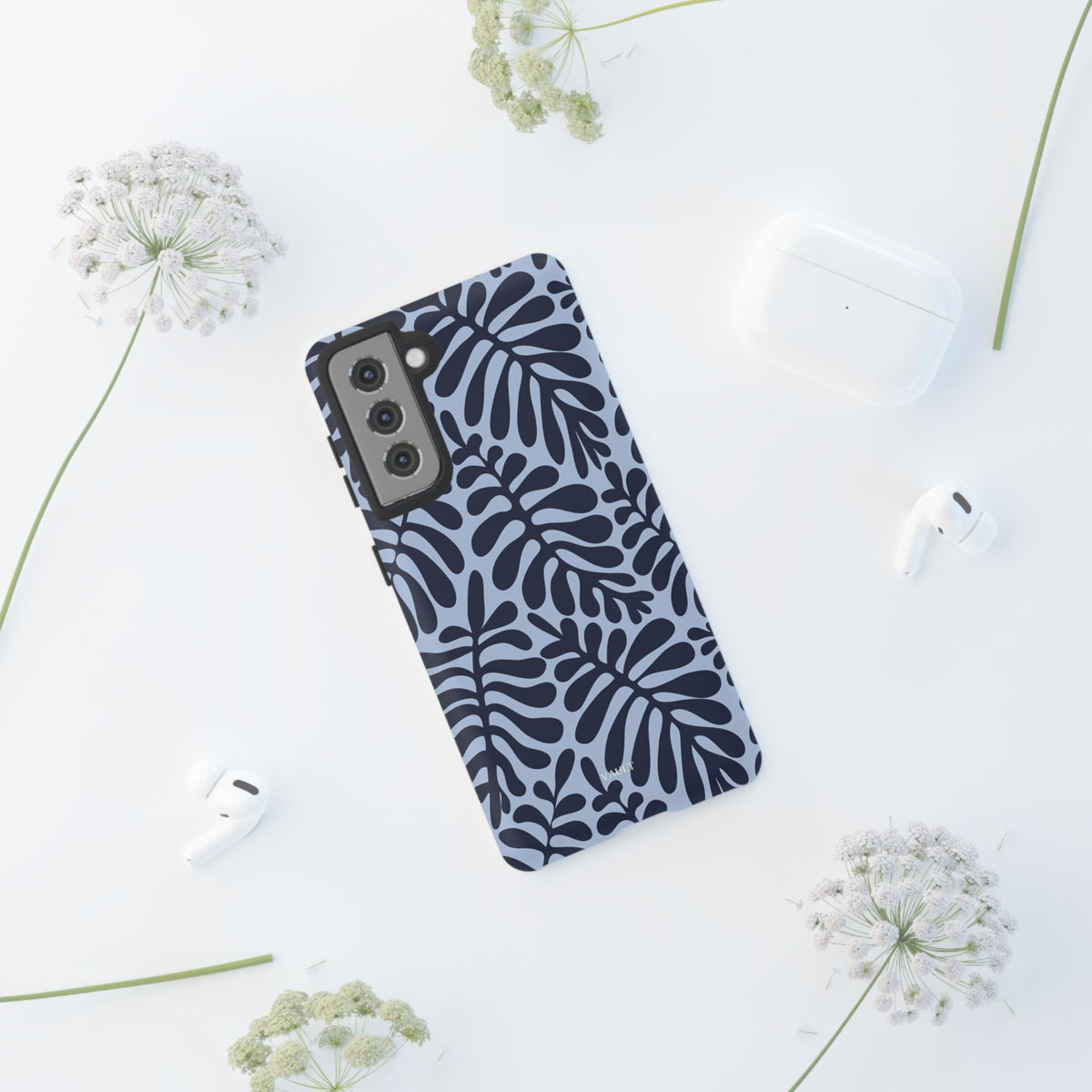 Floral Fern Tough Phone Case – Navy Blue on Light Blue, Protective Slim Cover